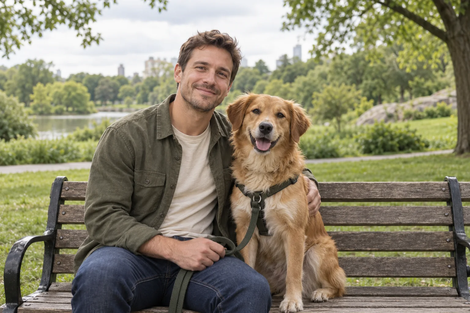 A man sitting beside a golden dog on a park bench